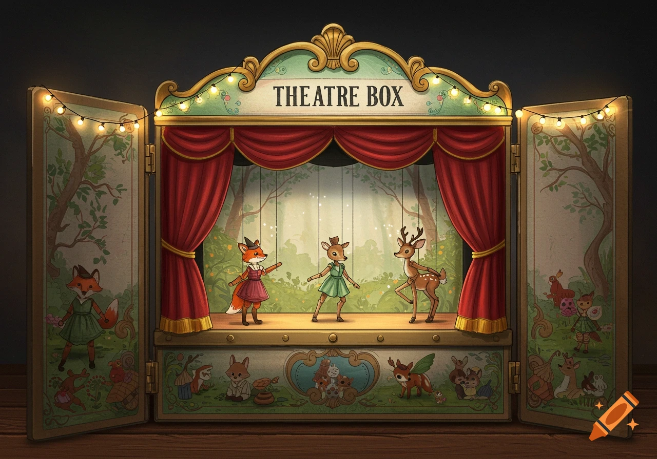 A whimsical theatre box with red curtains, string lights, and a performance of animal puppets: a fox, a doe, and a buck.
