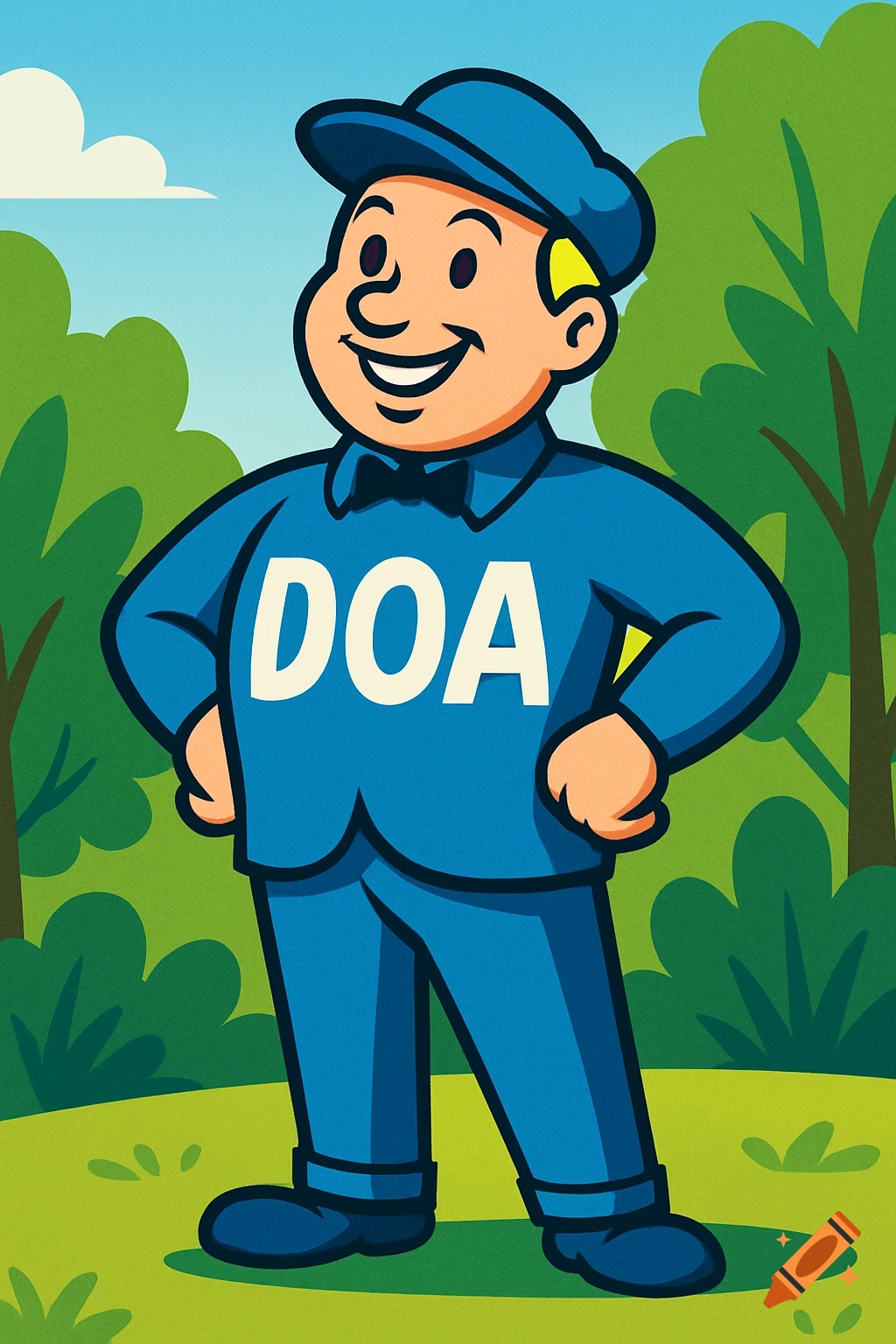 A cheerful cartoon mascot in a blue suit with "DOA" on its chest, standing outdoors.