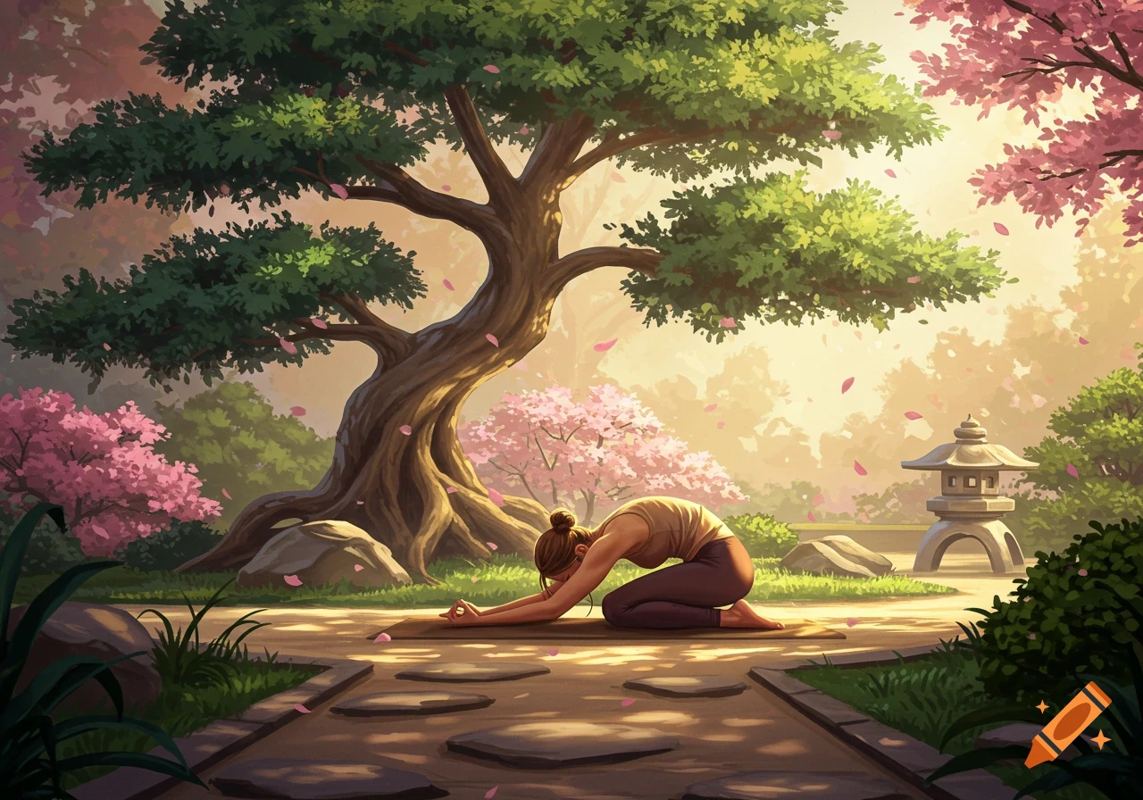 Illustrated scene of a woman doing yoga (Child's Pose) in a serene Japanese garden under a large tree with cherry blossoms.