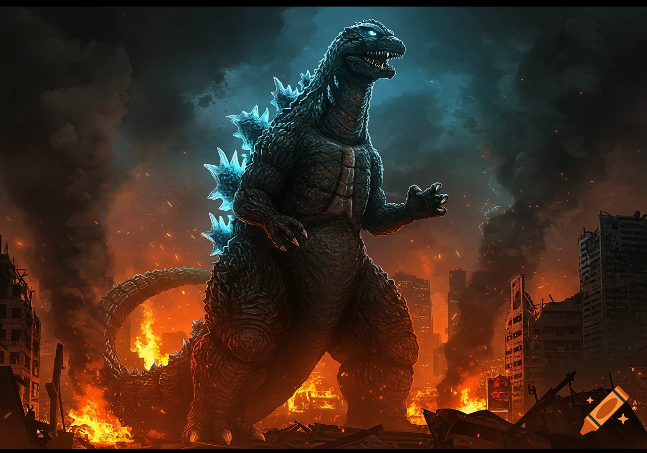 A monstrous Godzilla stands menacingly in a destroyed city engulfed in flames and smoke under a dark, stormy sky.