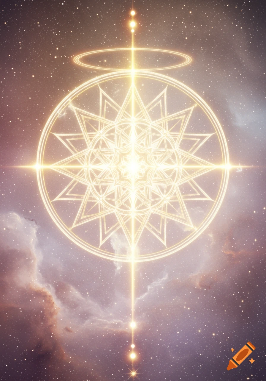 A brilliant, glowing geometric star emblem within a circle, set against a cosmic background of stars and nebulae.
