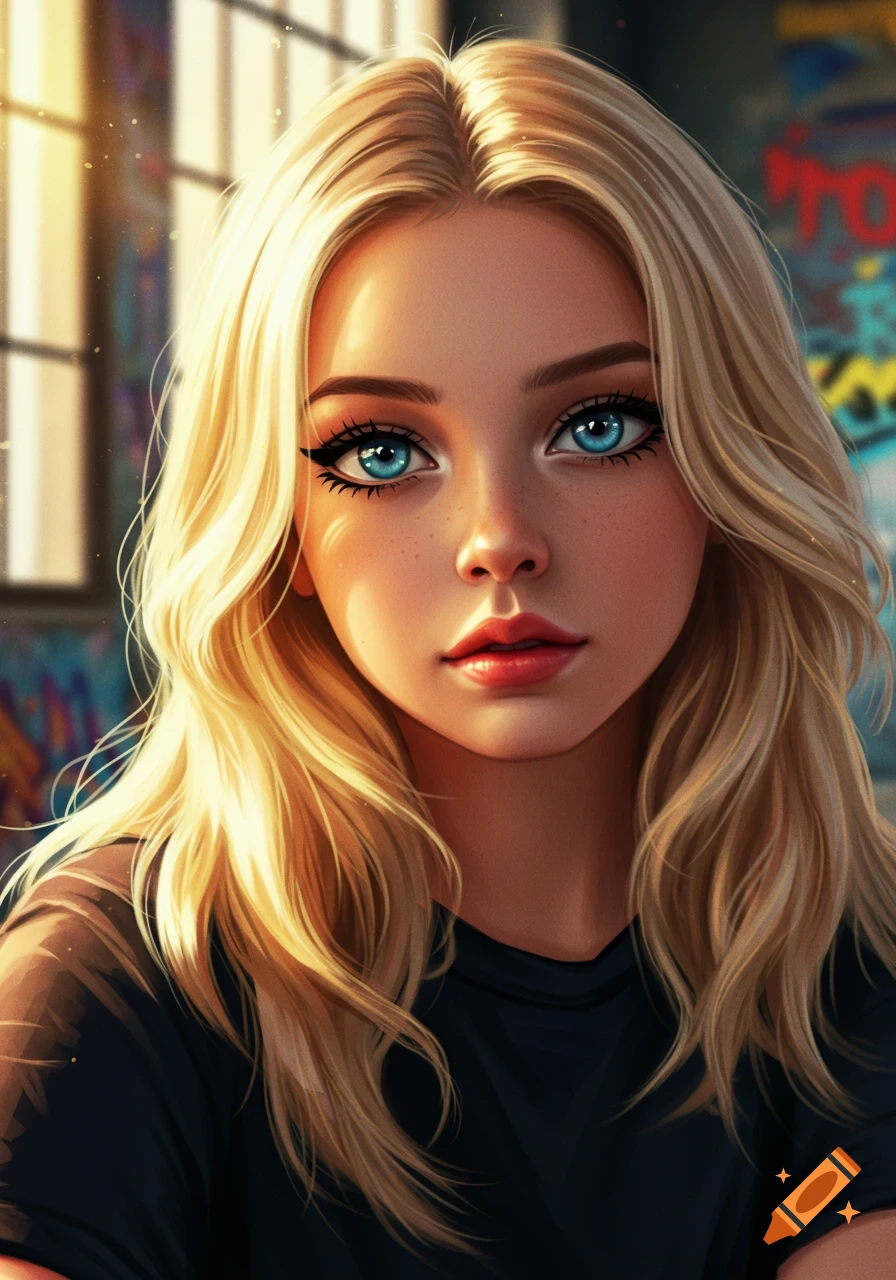 Digital illustration portrait of a blonde blue-eyed girl with freckles and eyeliner, illuminated by golden light.