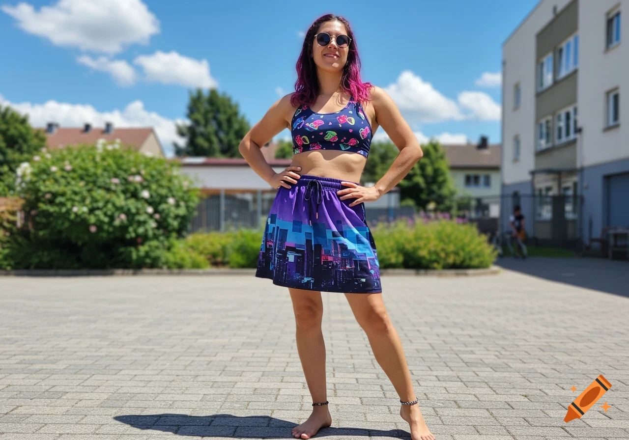 A woman with purple hair and sunglasses poses confidently outdoors in a neon-patterned sports bra, cityscape skirt, and anklets on a sunny day.
