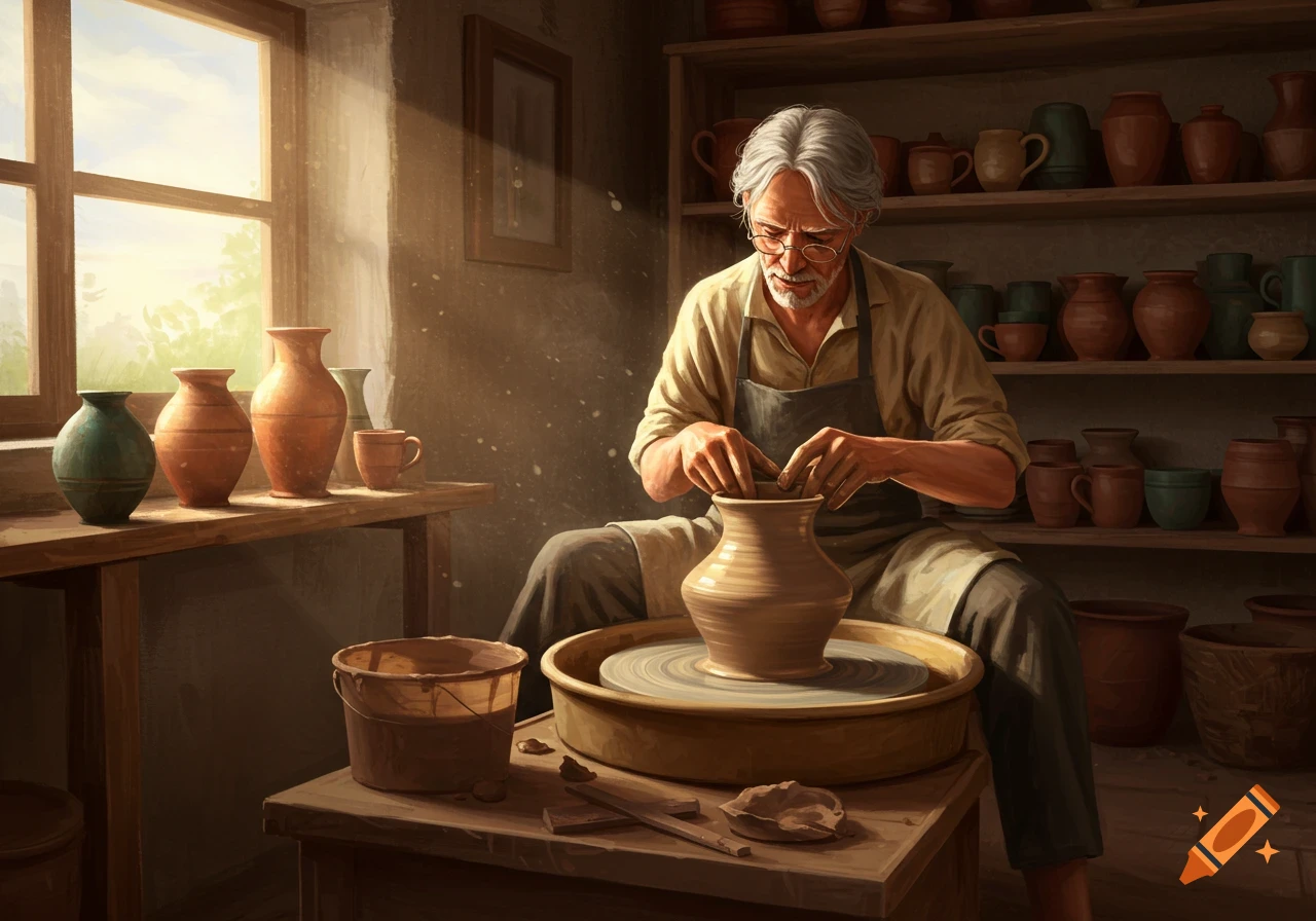 An old man skillfully works clay on a pottery wheel in a sunlit workshop, surrounded by finished pots on shelves.