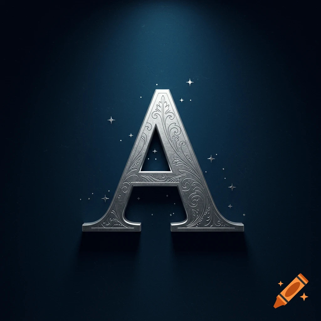 A shiny, silver, ornamental letter A with filigree detail on a dark blue background with small twinkling stars.