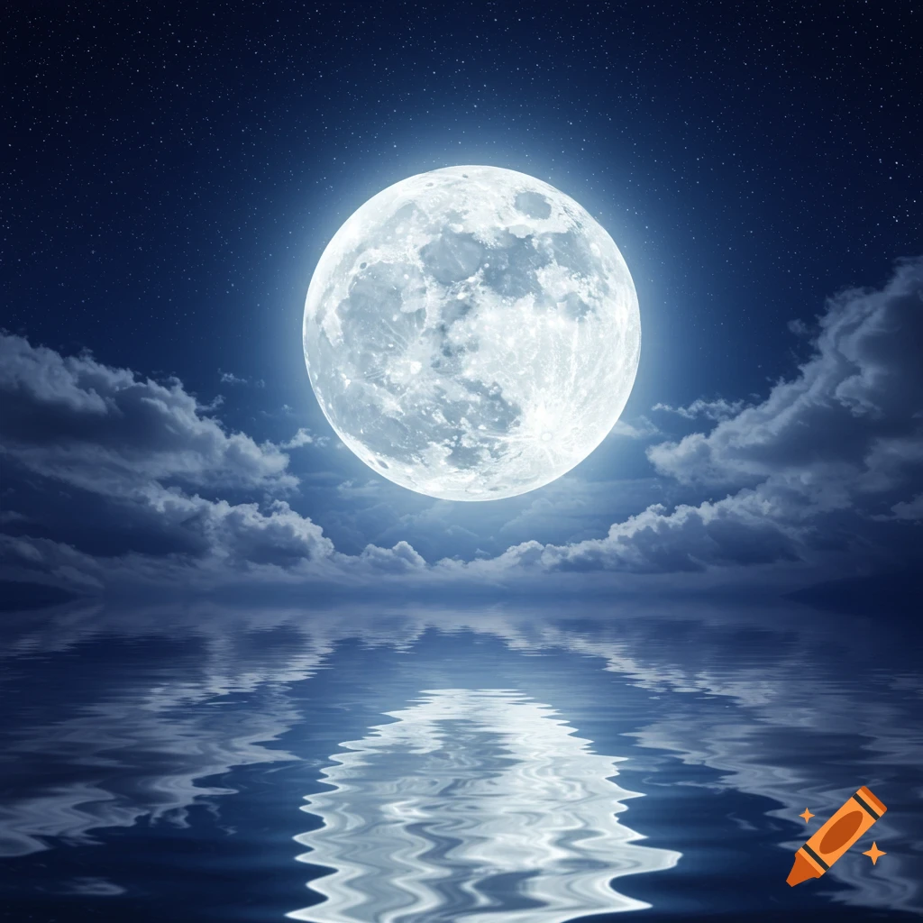 A bright full moon in a starry night sky over calm water with cloud reflections.