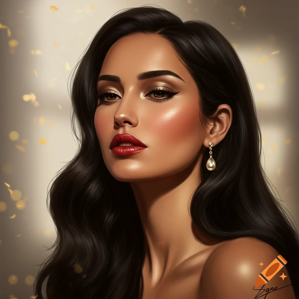 Close-up portrait of a beautiful brunette woman with glamorous makeup, red lipstick, and an elegant earring, against a softly lit background with bokeh.
