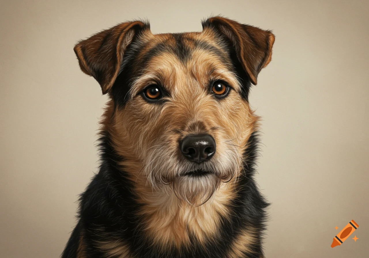 A close-up portrait of a tan and black scruffy dog with expressive eyebrows and warm brown eyes on a neutral background.