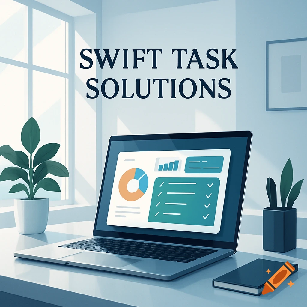 Photorealistic image of a laptop displaying business charts and checklists on a white desk with plants and a window. 'SWIFT TASK SOLUTIONS' is on the wall.
