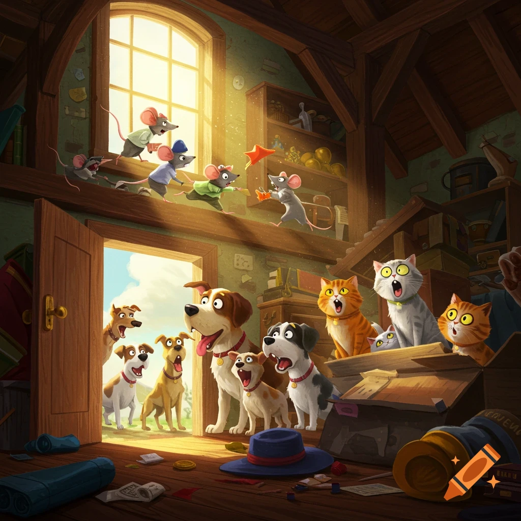 Cartoon dogs burst into a sunlit, cluttered attic, startling cats in a box as mice scurry along shelves above.