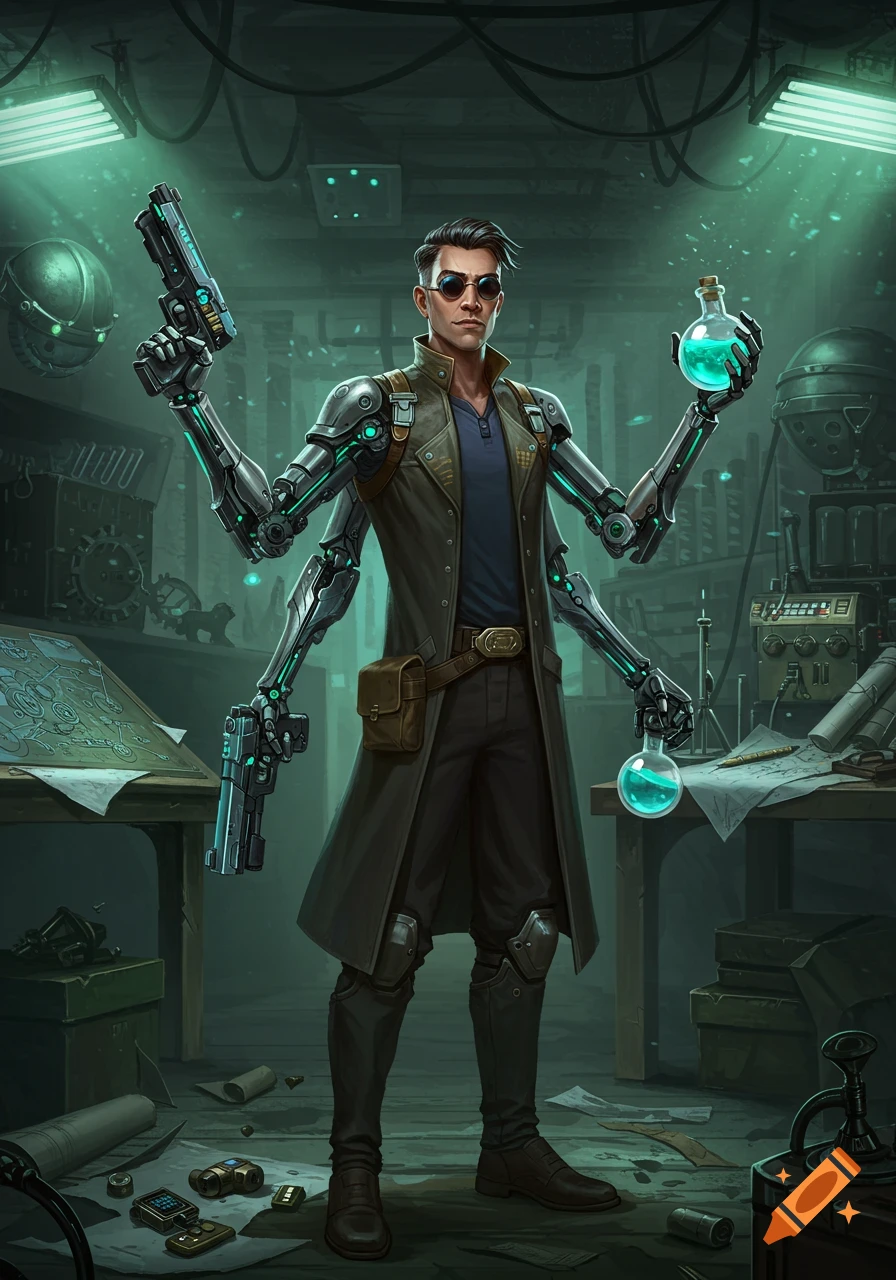 A confident inventor with multiple robotic arms holds a pistol and glowing potions in a sci-fi lab.