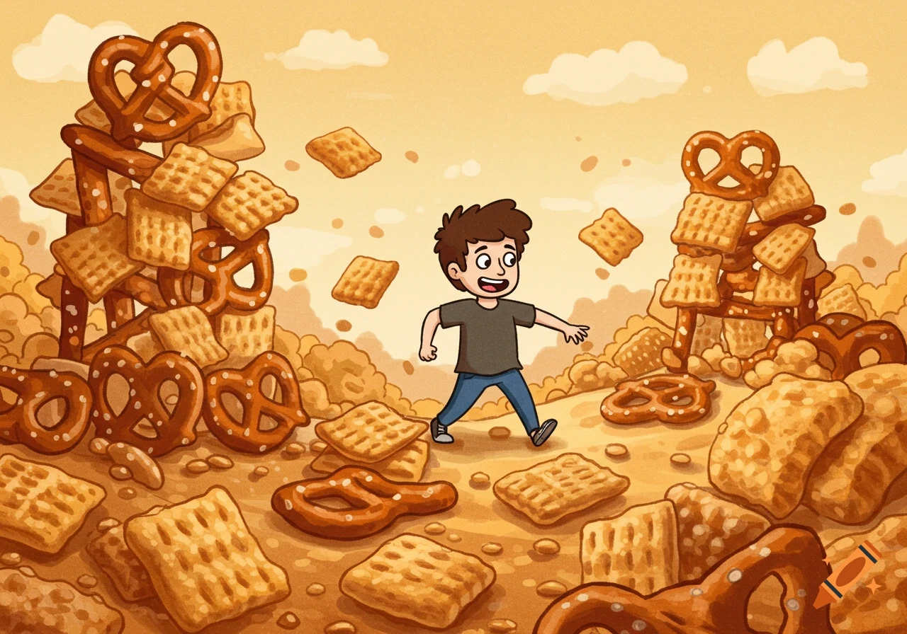 A happy cartoon boy walks through a whimsical landscape filled with giant pretzels and Chex mix, some floating in the air, in an illustrated style.