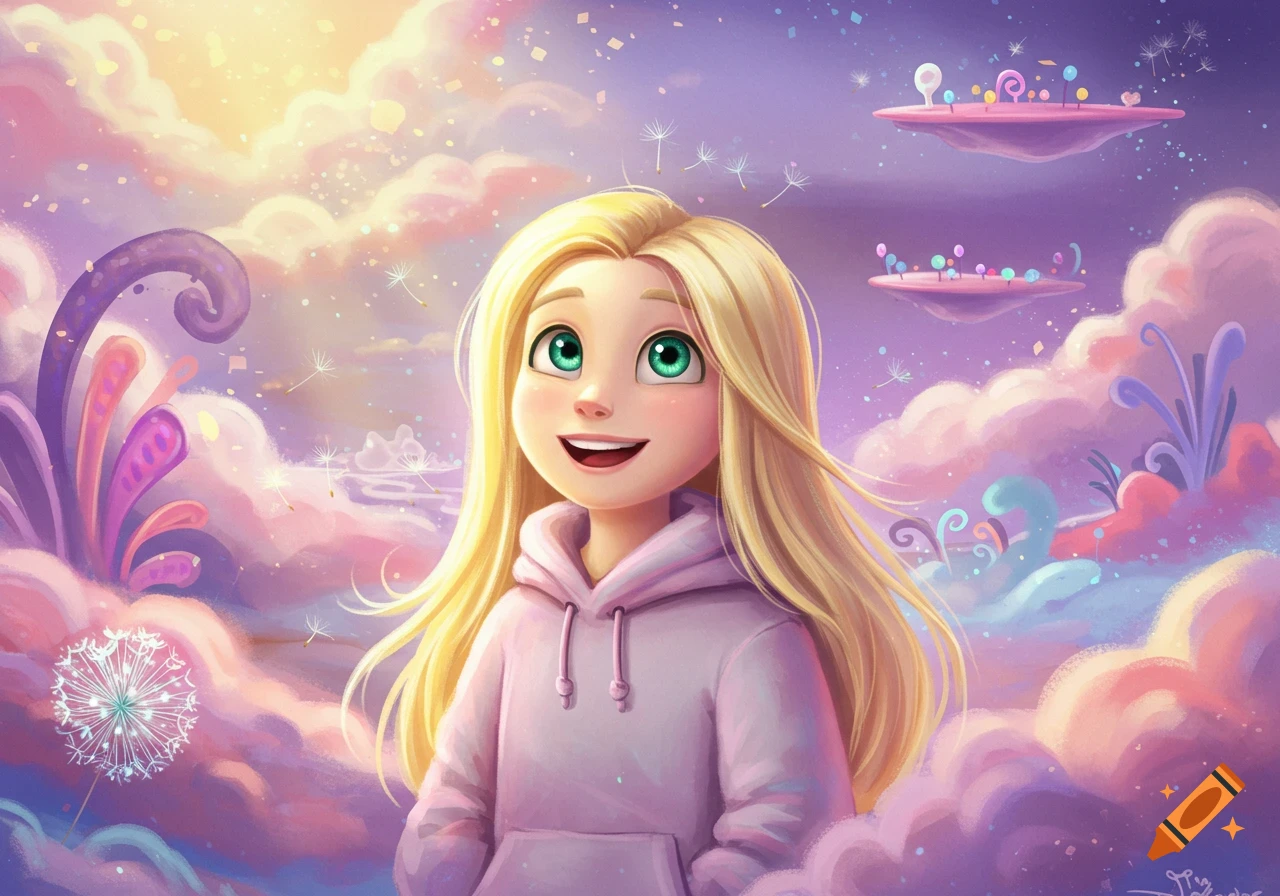 Happy cartoon girl with blonde hair and green eyes in a pink hoodie, smiling amidst dreamy pastel clouds, floating islands, and dandelion seeds.