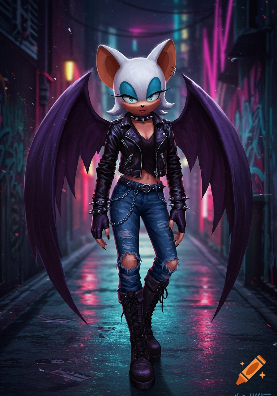 Rouge the Bat in a goth outfit, with a black leather jacket, ripped jeans, and large dark wings, standing in a neon-lit alley.