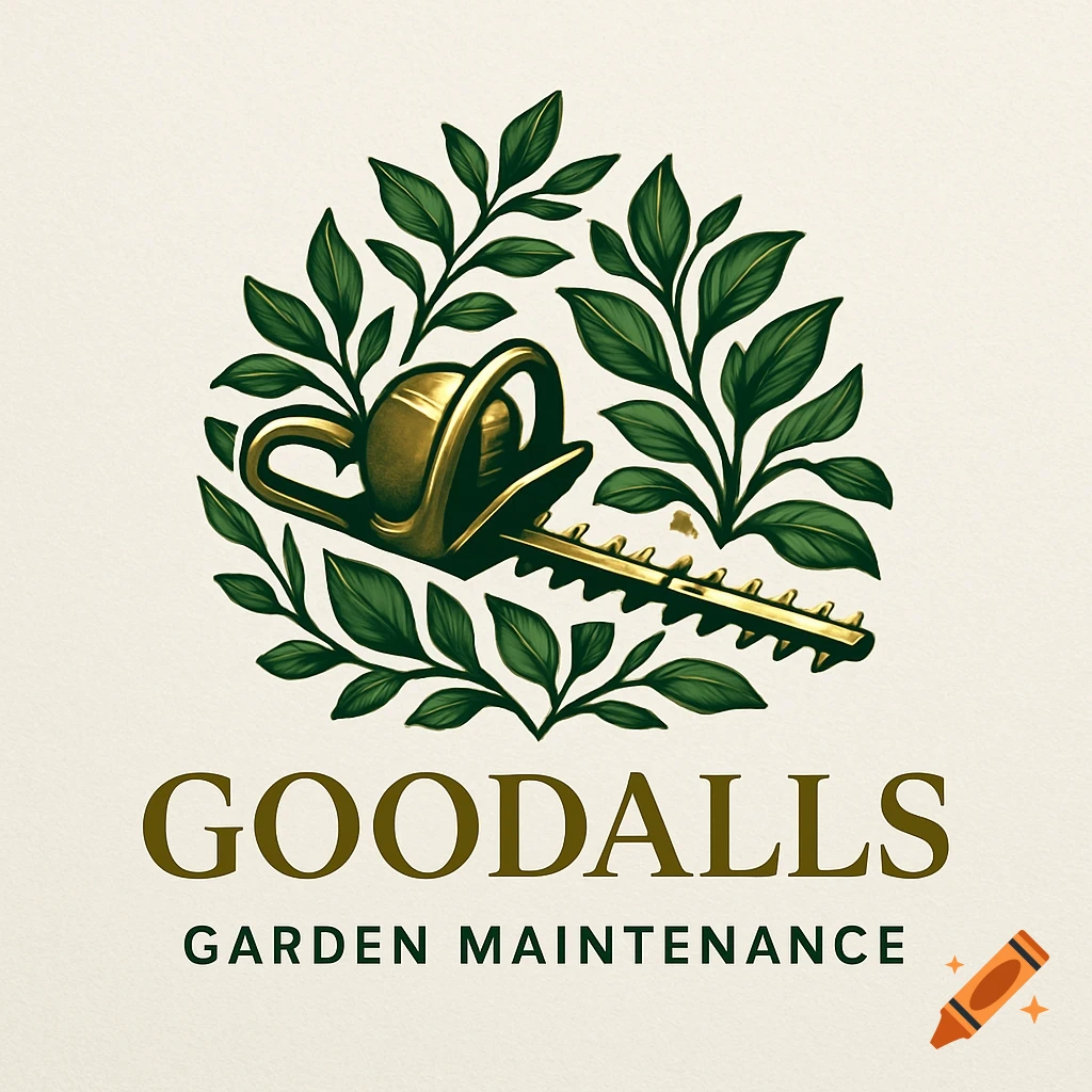 A gold and green logo for Goodalls Garden Maintenance, featuring a stylized gold hedge trimmer surrounded by green leaves.