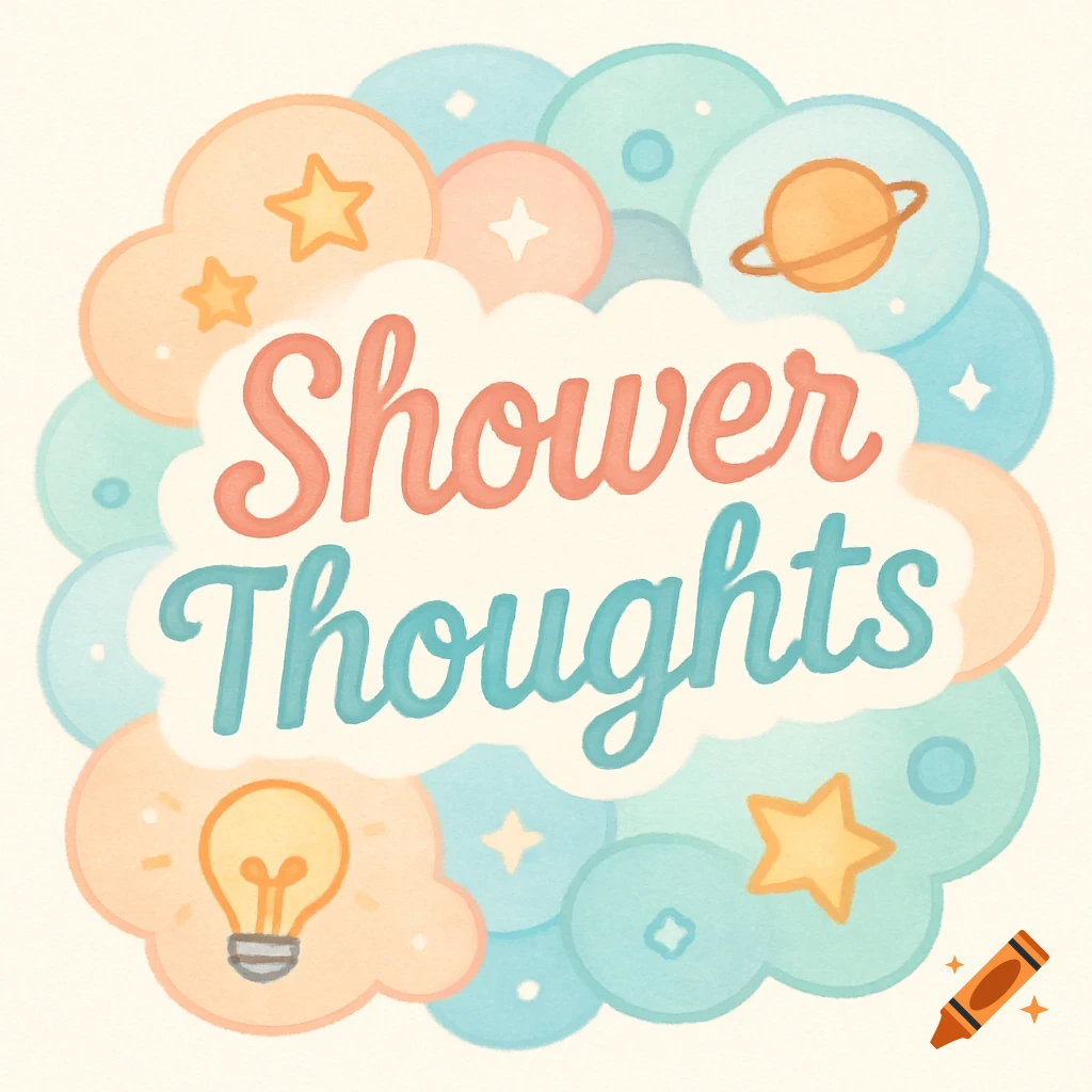 A cute pastel watercolor illustration of clouds, stars, a planet, and a lightbulb surrounding the text 'Shower Thoughts'.