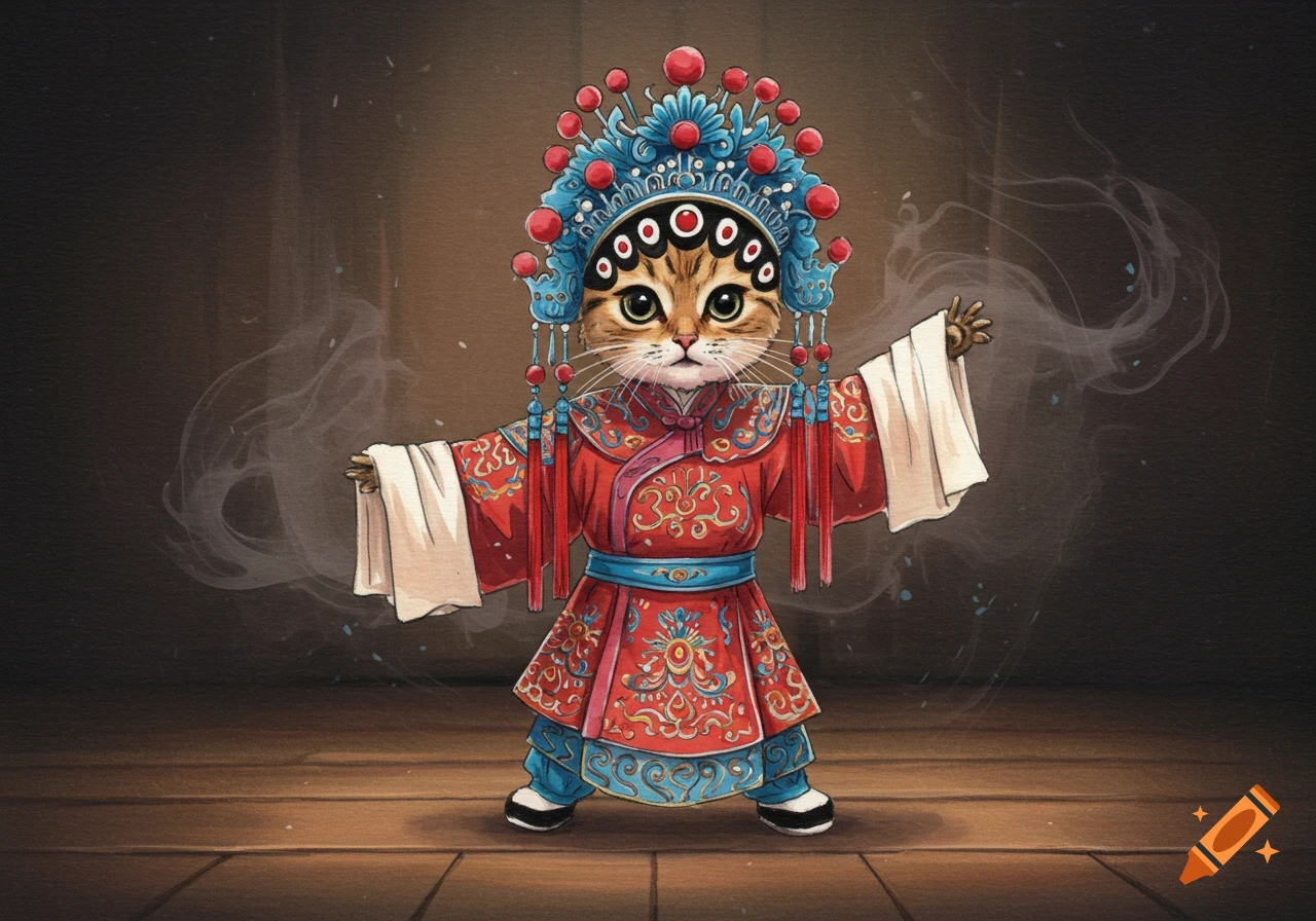 A cute cat in a detailed red and blue traditional Chinese Peking Opera costume and headdress, performing on a stage in a watercolor style.
