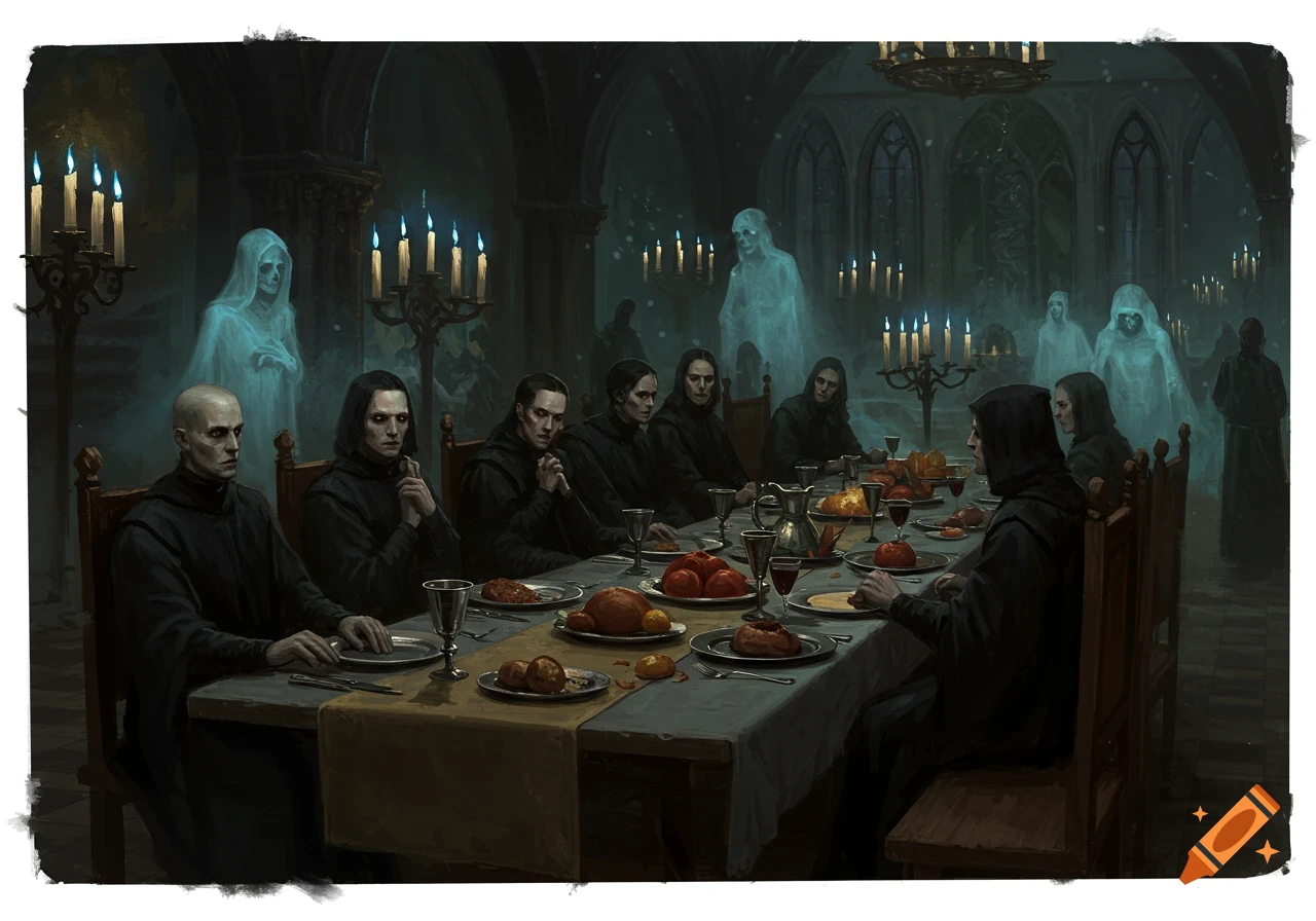 A dark fantasy painting of pale men in black robes feasting at a long table in a gothic hall, with translucent ghosts observing from behind. Blue glowing candles.