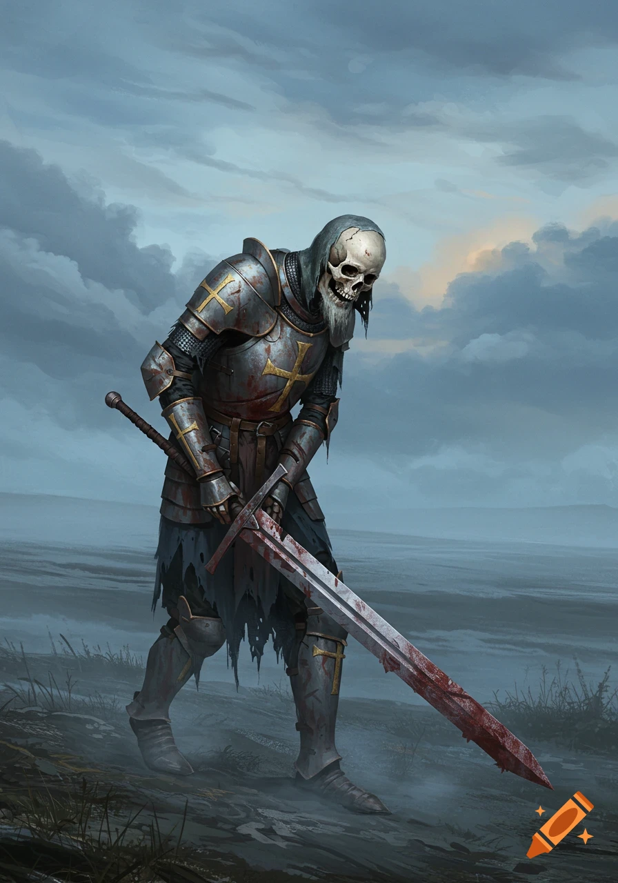 A weary skeleton knight in worn platemail armor trudges across a bleak moor, dragging a bloodied longsword.