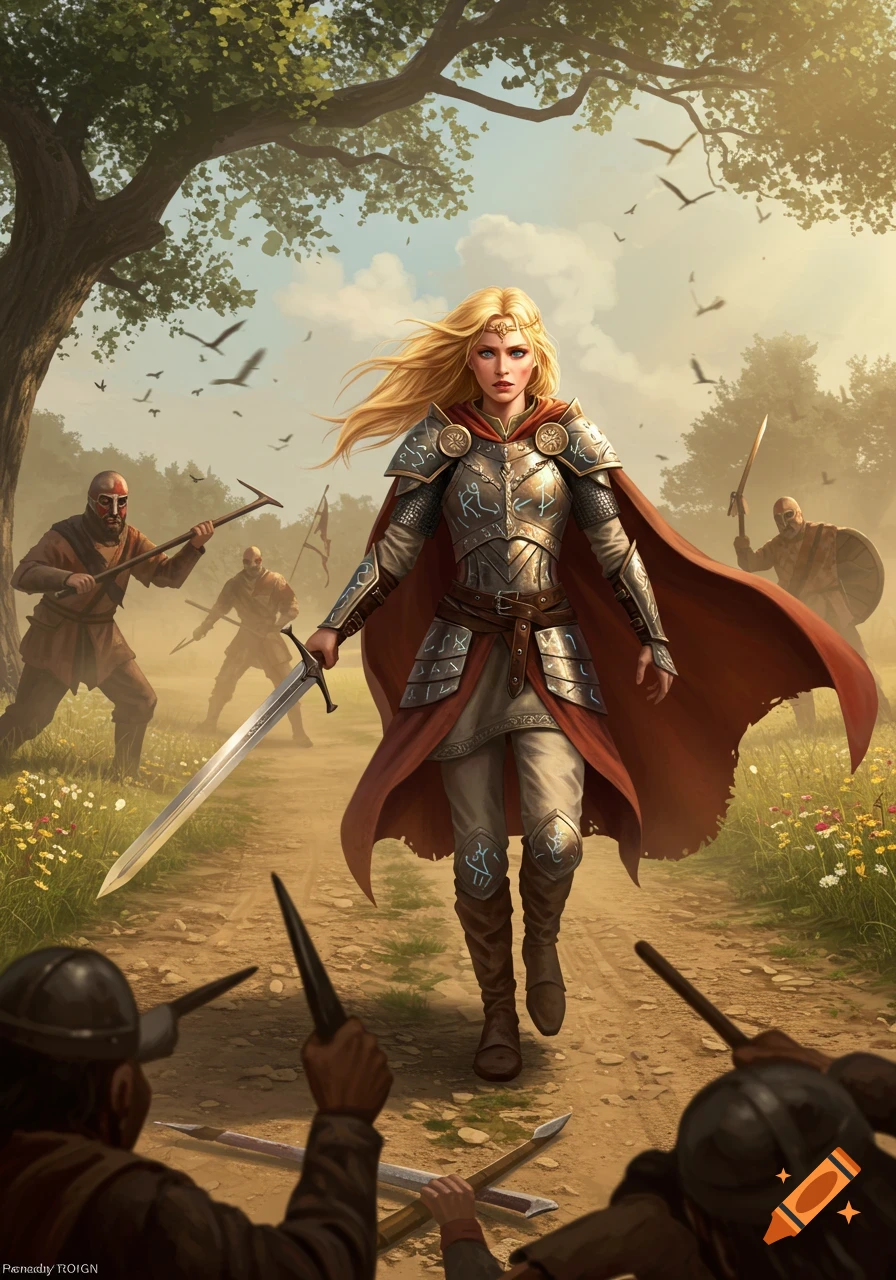 A blonde princess warrior in rune armor with a sword walks on a country road, past fallen weapons, facing bandits in a fantasy illustration.