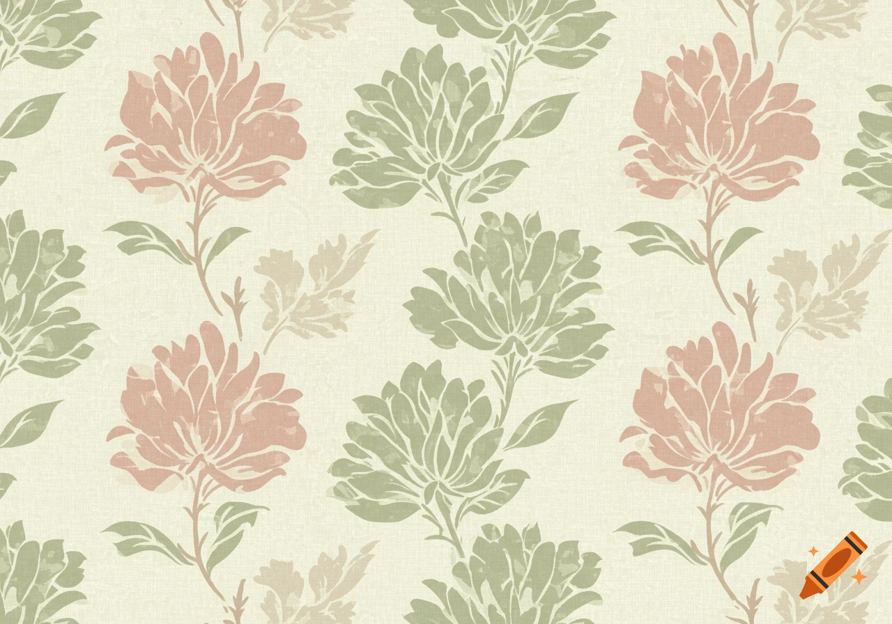 A repeated floral pattern featuring stenciled pink and sage green flowers with leaves on a textured cream background.