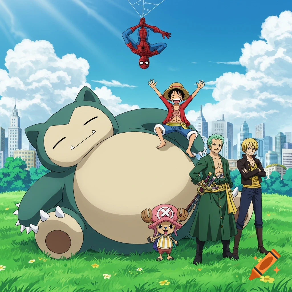 Anime crossover with Snorlax, Luffy, Zoro, Chopper, and Spider-Man in a park with a city skyline.