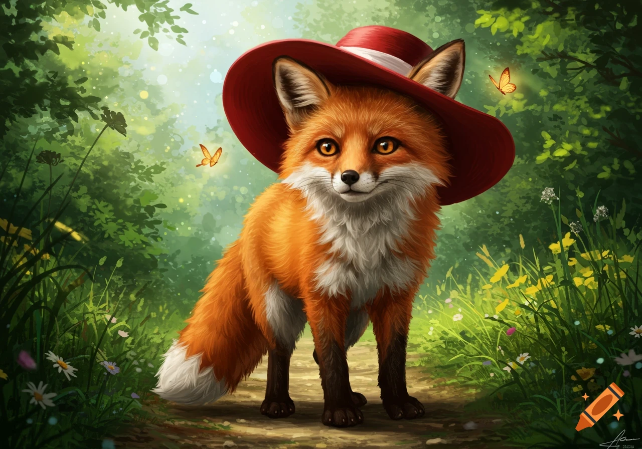 An illustration of a cute fox wearing a red hat, standing on a forest path with butterflies and lush greenery.