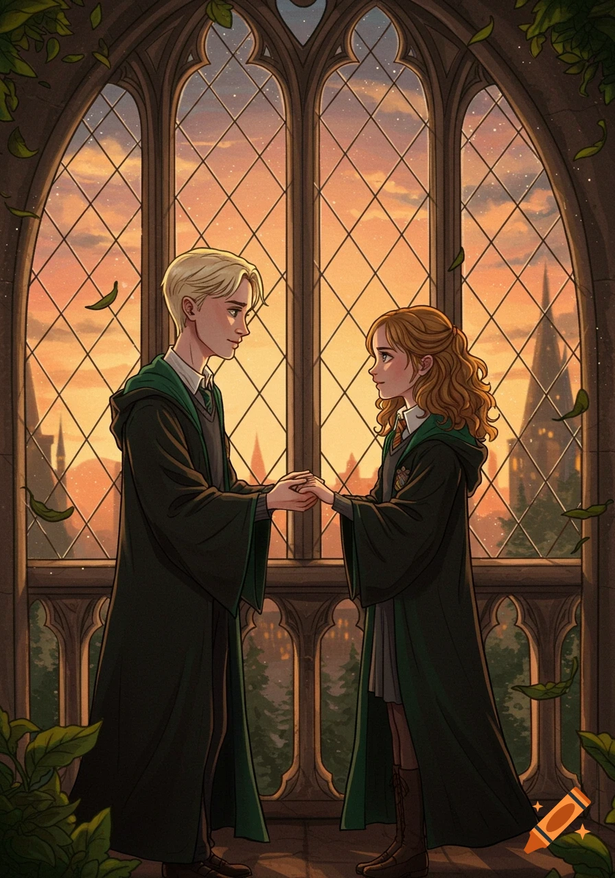Draco Malfoy and Hermione Granger hold hands by a Gothic window overlooking a sunset Hogwarts castle, anime illustration style.