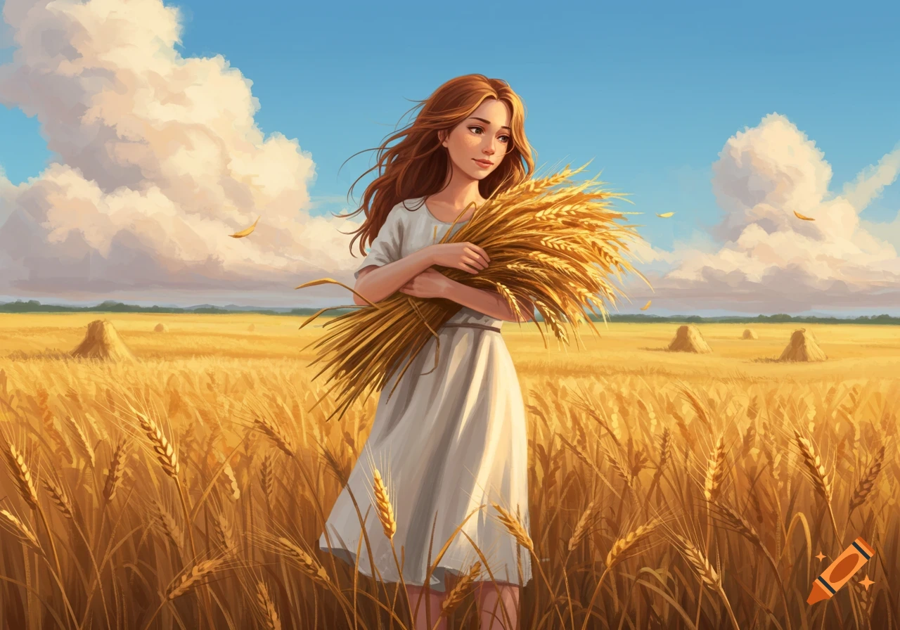 An illustration of a young woman with long hair in a white dress, holding a large bundle of wheat in a golden field under a blue sky.