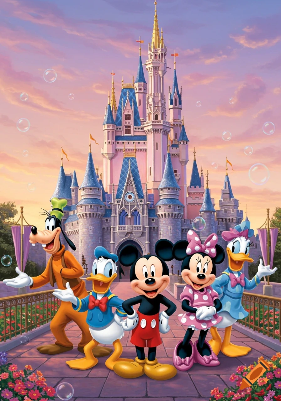 Mickey Mouse, Minnie Mouse, Donald Duck, Daisy Duck, and Goofy stand on a path with flowers in front of a pink and blue fairytale castle with bubbles.