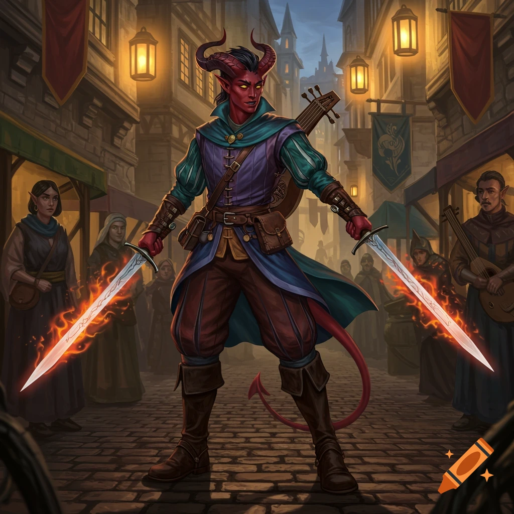 A red-skinned, horned tiefling bard with a lute, dual-wielding fiery swords in a medieval street at dusk.