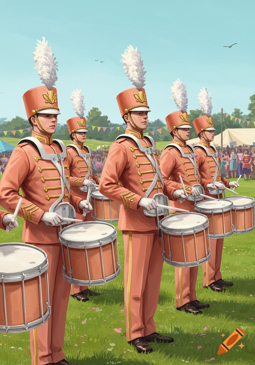 An illustrated marching band drumline in peach uniforms and feathered hats stands on a grassy field with a crowd in the background.
