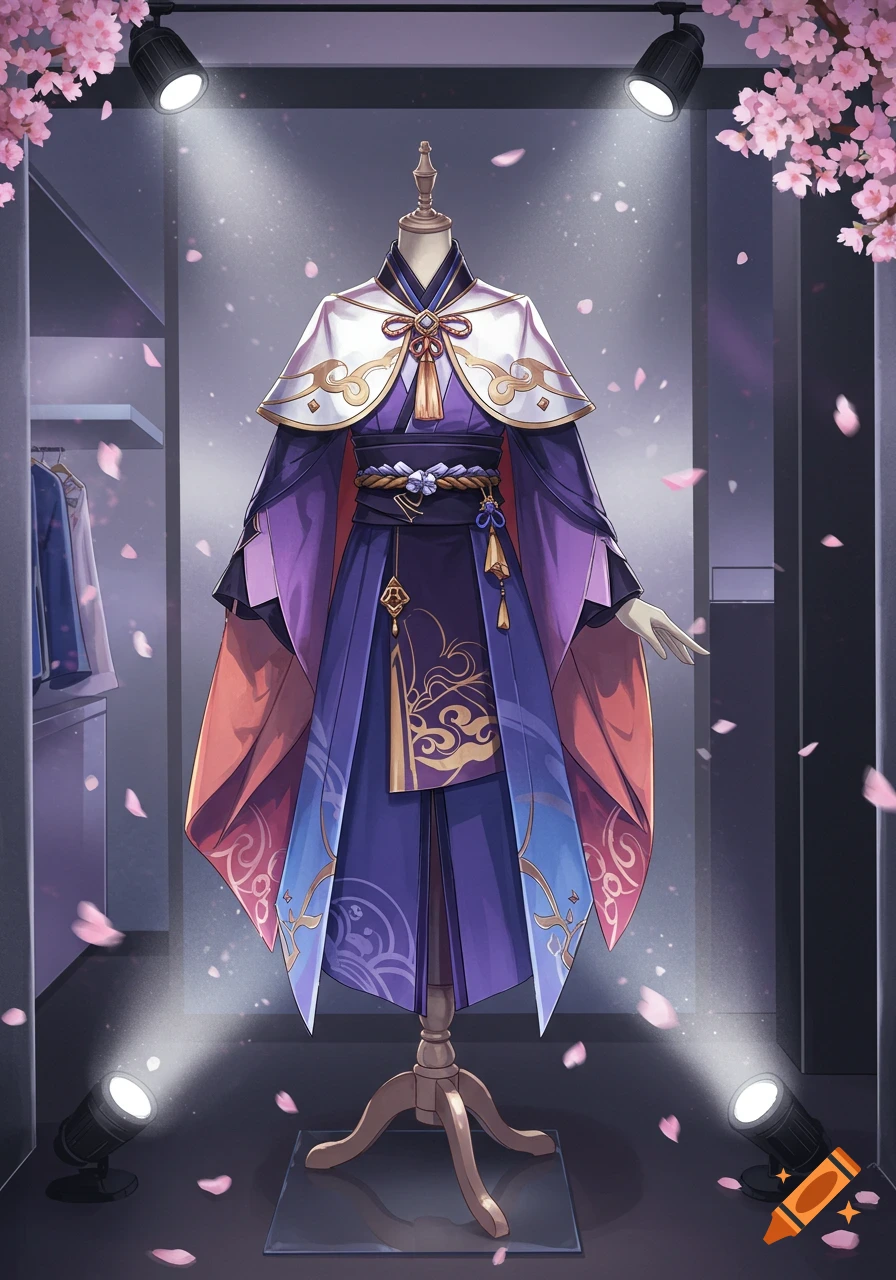 An anime-style purple and blue traditional outfit on a mannequin under spotlights, with cherry blossoms and falling petals.
