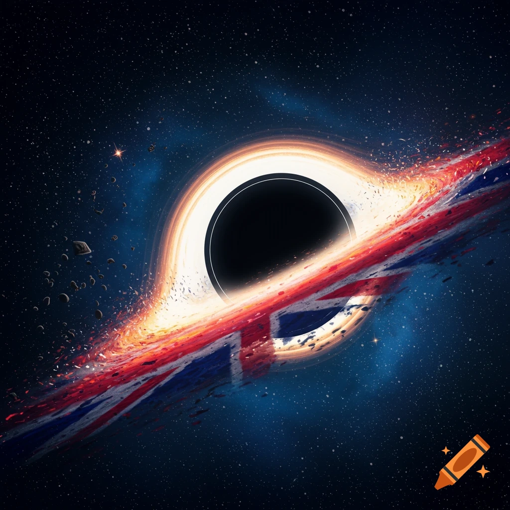 A British flag streaks into a glowing black hole in deep space, surrounded by stars and cosmic debris.