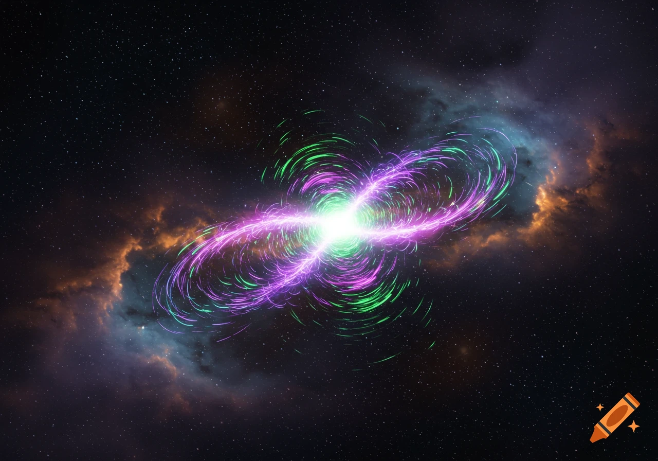 Bright swirling green and purple energy amidst stars and nebulae in deep space.