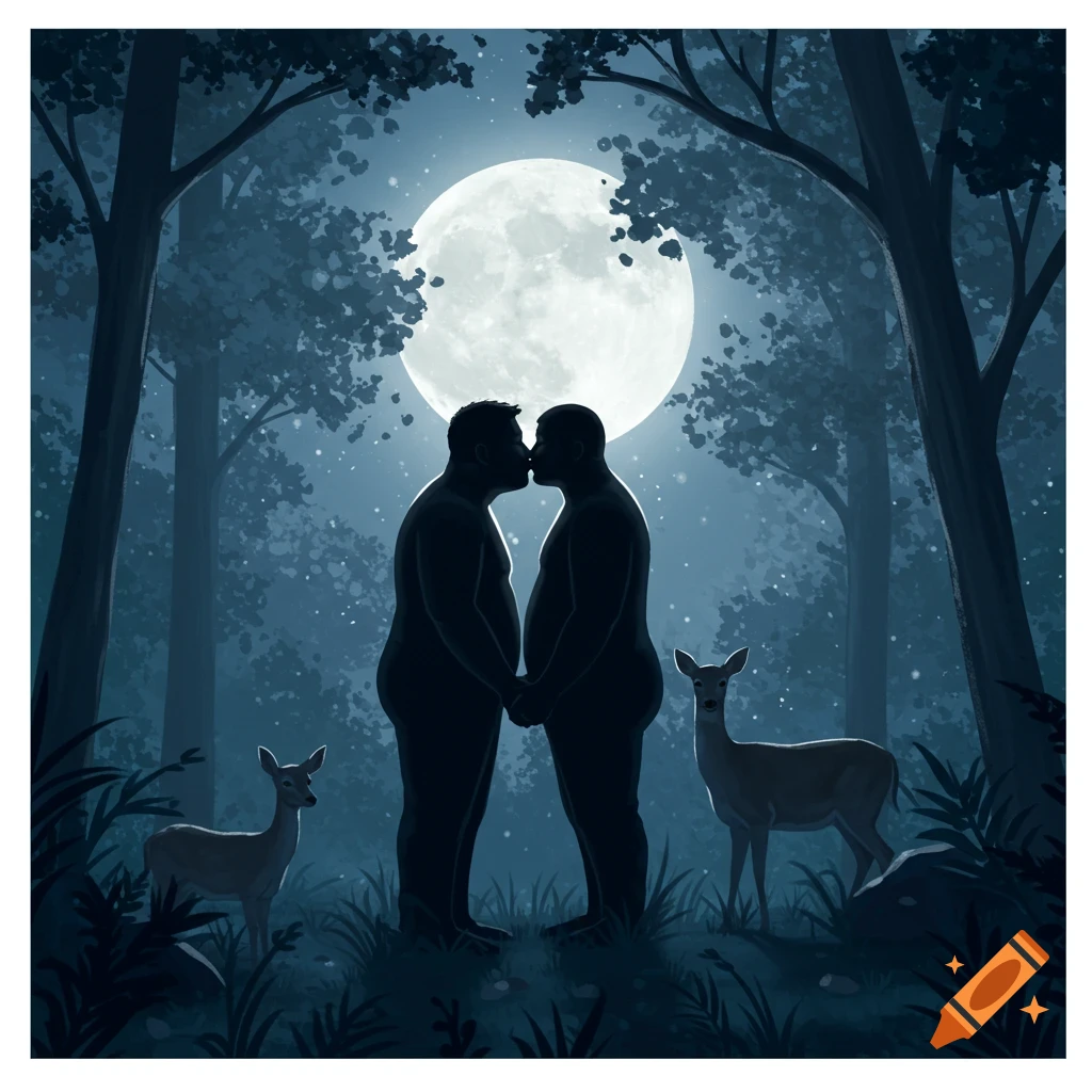 A stylized illustration of two silhouetted, heavy-set men kissing and holding hands in a moonlit forest, with two deer nearby.