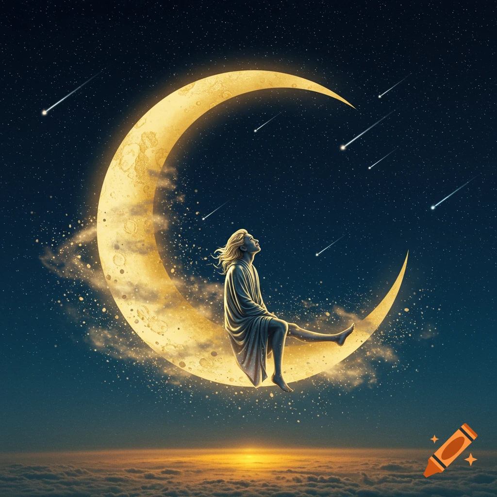 A person with long blonde hair sits on a glowing golden crescent moon in a dark, starry night sky with shooting stars and a distant glowing horizon.