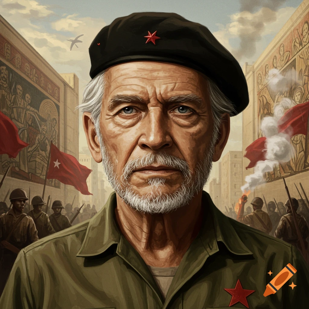 An oil painting portrait of an older man with a white beard, wearing a green military uniform and a black beret with a red star, against a backdrop of soldiers, red flags, and a historical mural.