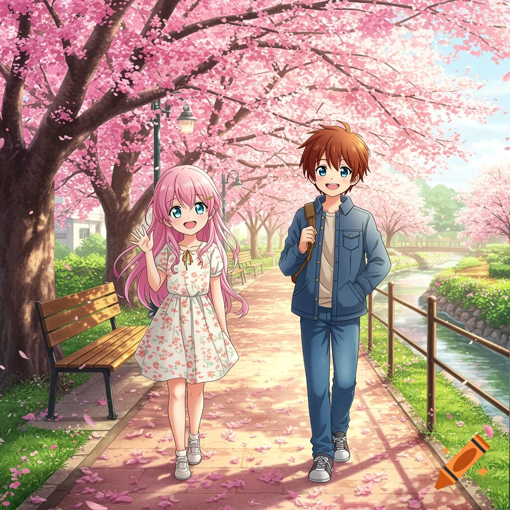 A cute anime girl with pink hair waves while walking with a boy under cherry blossom trees along a river in a park.