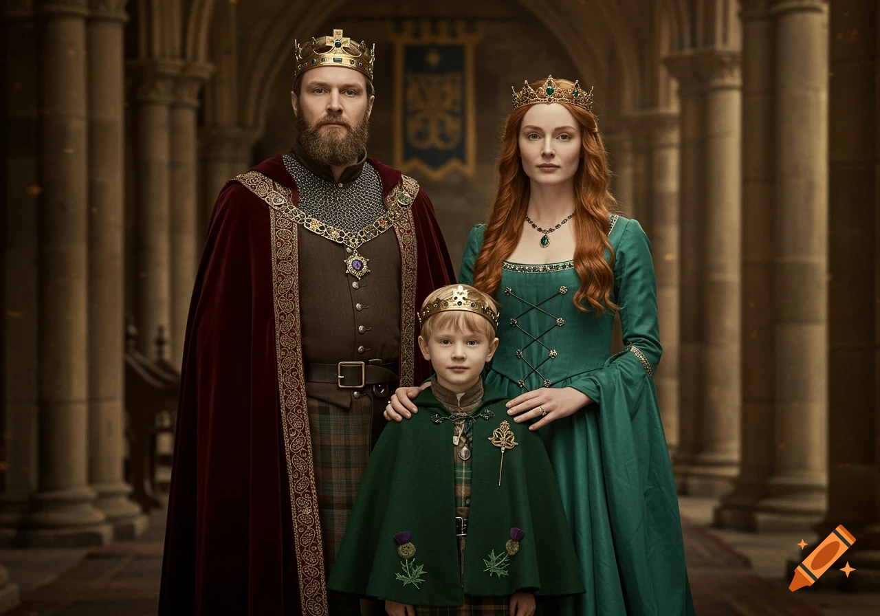 A photorealistic portrait of a medieval Scottish king, queen, and young prince in crowns and elaborate robes, standing formally in a castle hall.