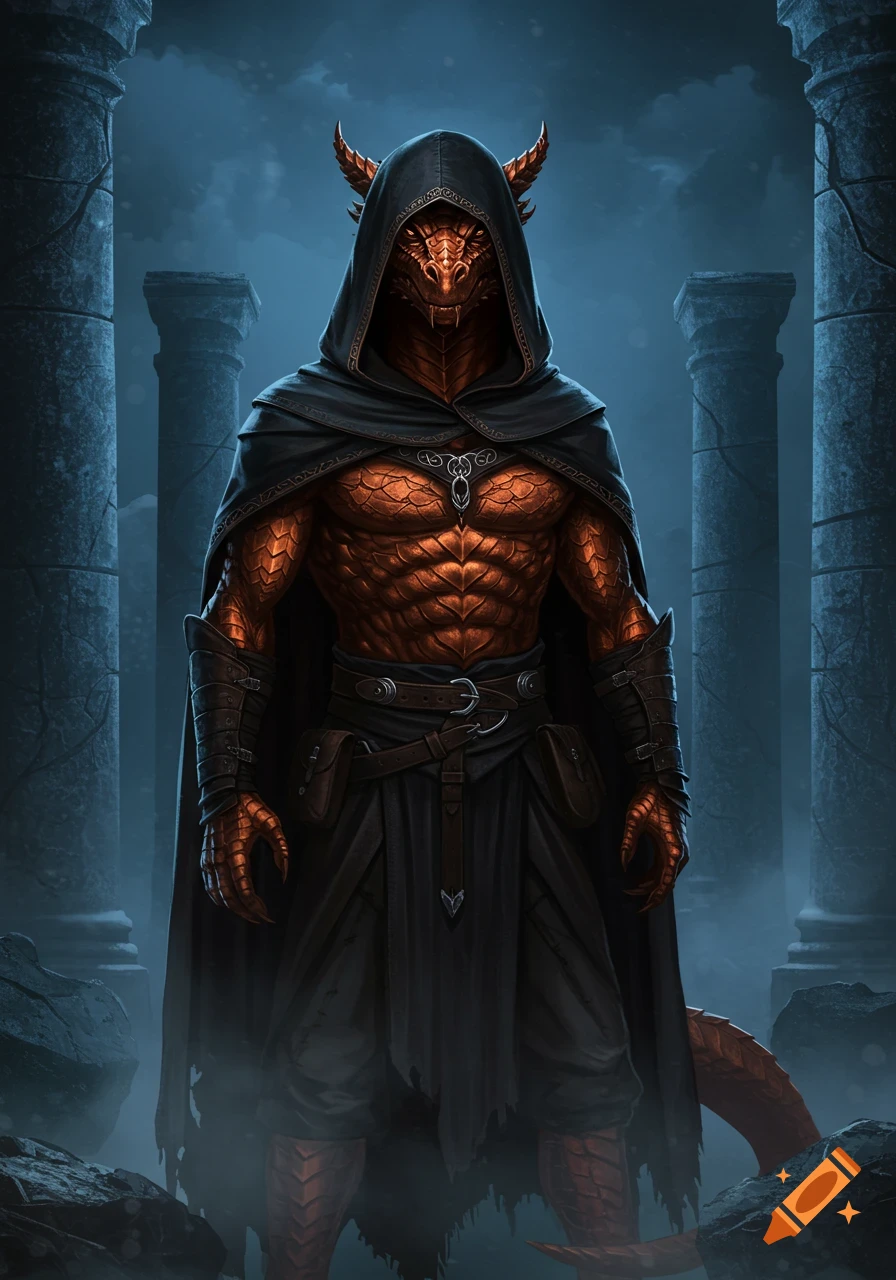 A copper-scaled dragonborn in a black hooded cloak stands among ancient stone pillars in a dark, misty environment.