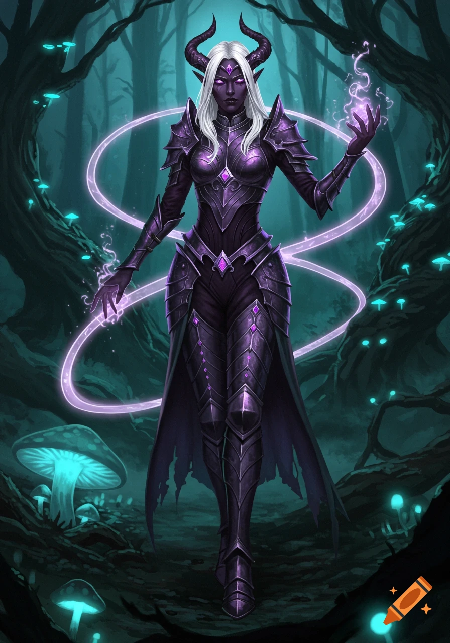 A dark-skinned female drow with white hair, horns, and glowing purple eyes wears ornate dark purple armor, casting magic in a glowing mushroom forest.