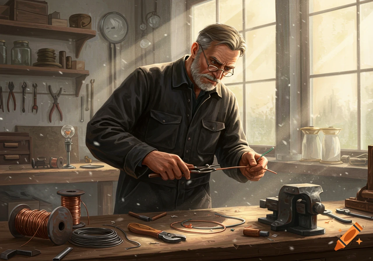 An older man with a beard and glasses bends wires with pliers on a workbench in a rustic workshop, light streams through a snowy window.