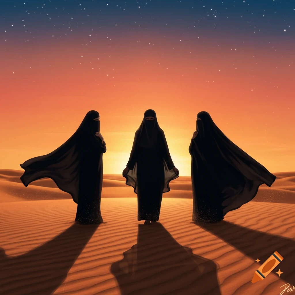 Three women in black niqabs stand in a desert with sand dunes, under a gradient sky transitioning from orange to dark blue with stars.