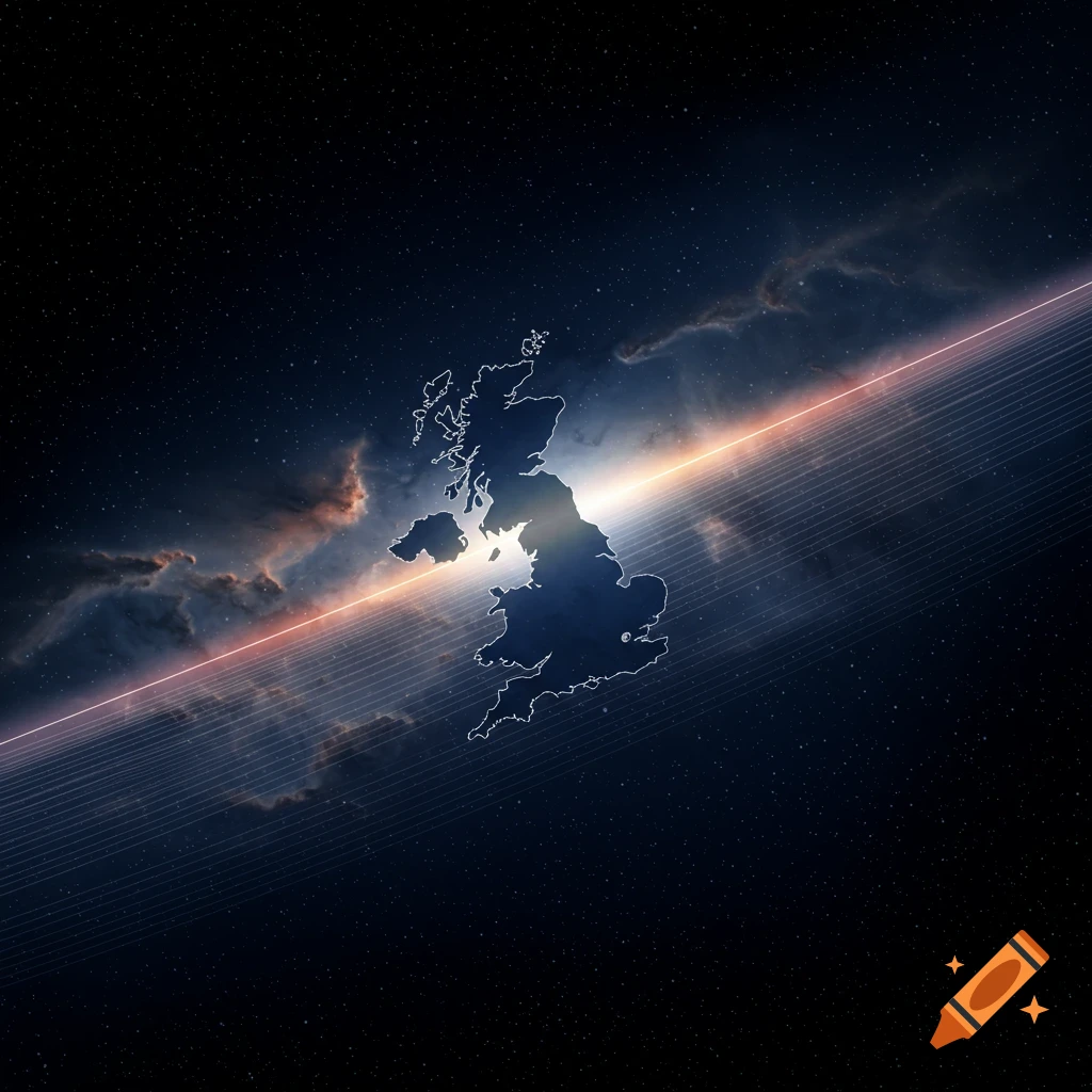 Silhouette of the United Kingdom map against a starry outer space background with a glowing diagonal line and nebulous clouds.