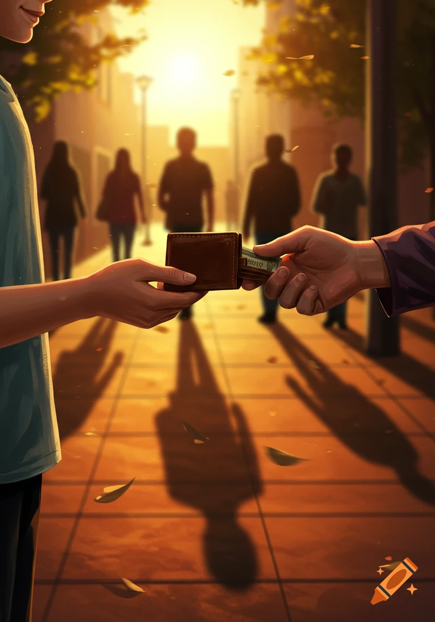 Close-up of two hands exchanging a brown wallet and money on a sunlit street, with blurred figures in the background, in an illustrative style.