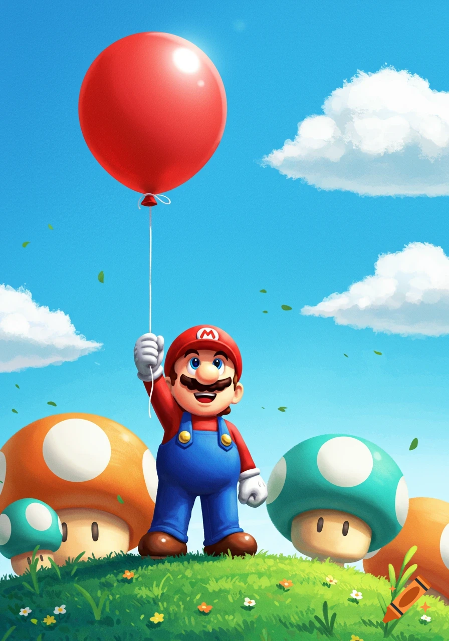 Mario in overalls and red cap, smiling and holding a red balloon, stands on a grassy hill with mushrooms under a blue sky.