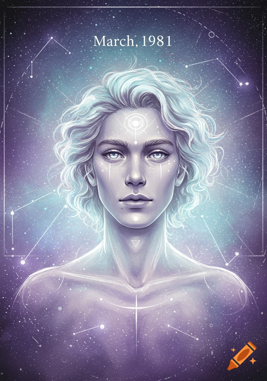 A celestial portrait of an ethereal person with glowing white hair and blue eyes, against a purple and blue starry sky with constellations. The text "March, 1981" is at the top.