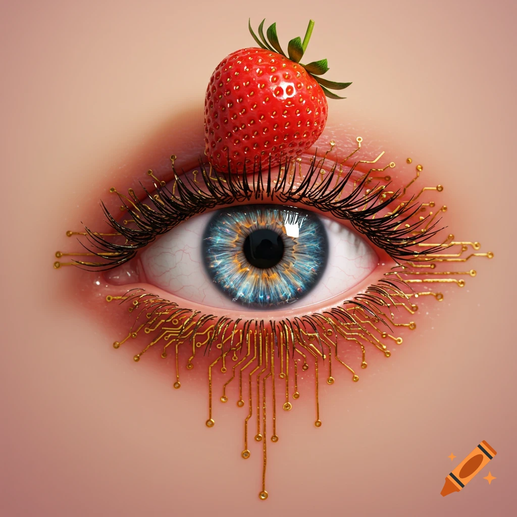 Hyper-detailed blue eye with long black lashes extending into golden circuit patterns, a red strawberry sits above.