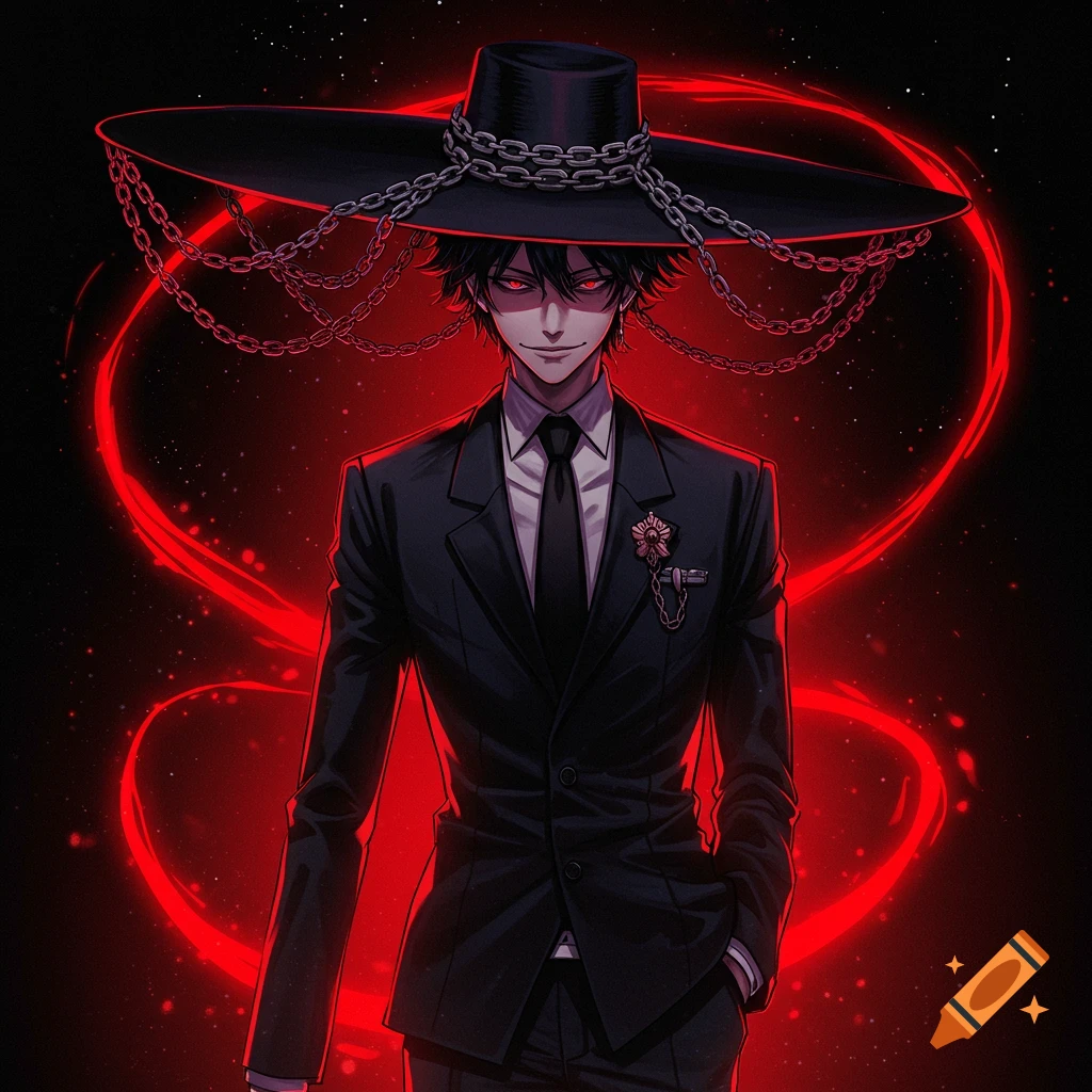 Anime male character in a black suit, wide-brimmed hat with chains, and glowing red eyes, against a dark background with a red aura.